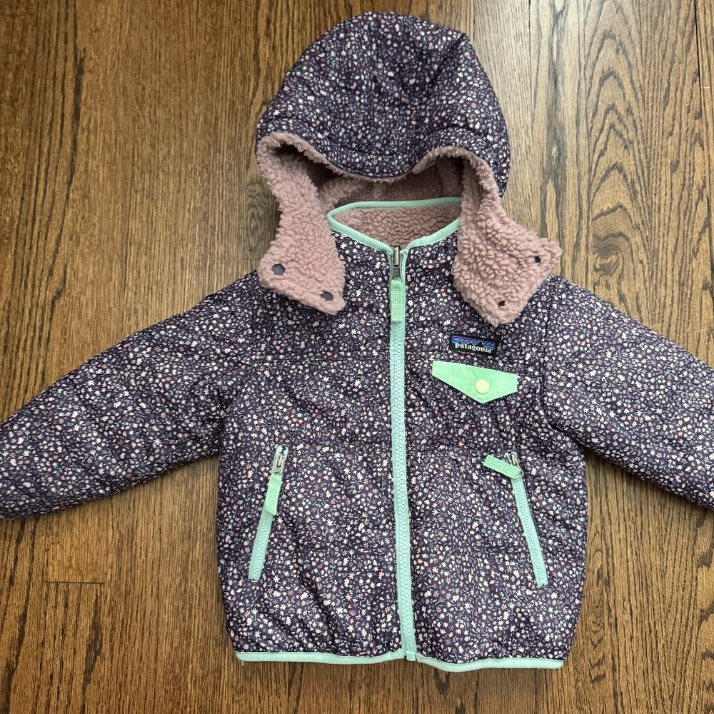 Patagonia Toddler Reversible Hooded Jacket -2T- Floral Print & Sherpa Fleece